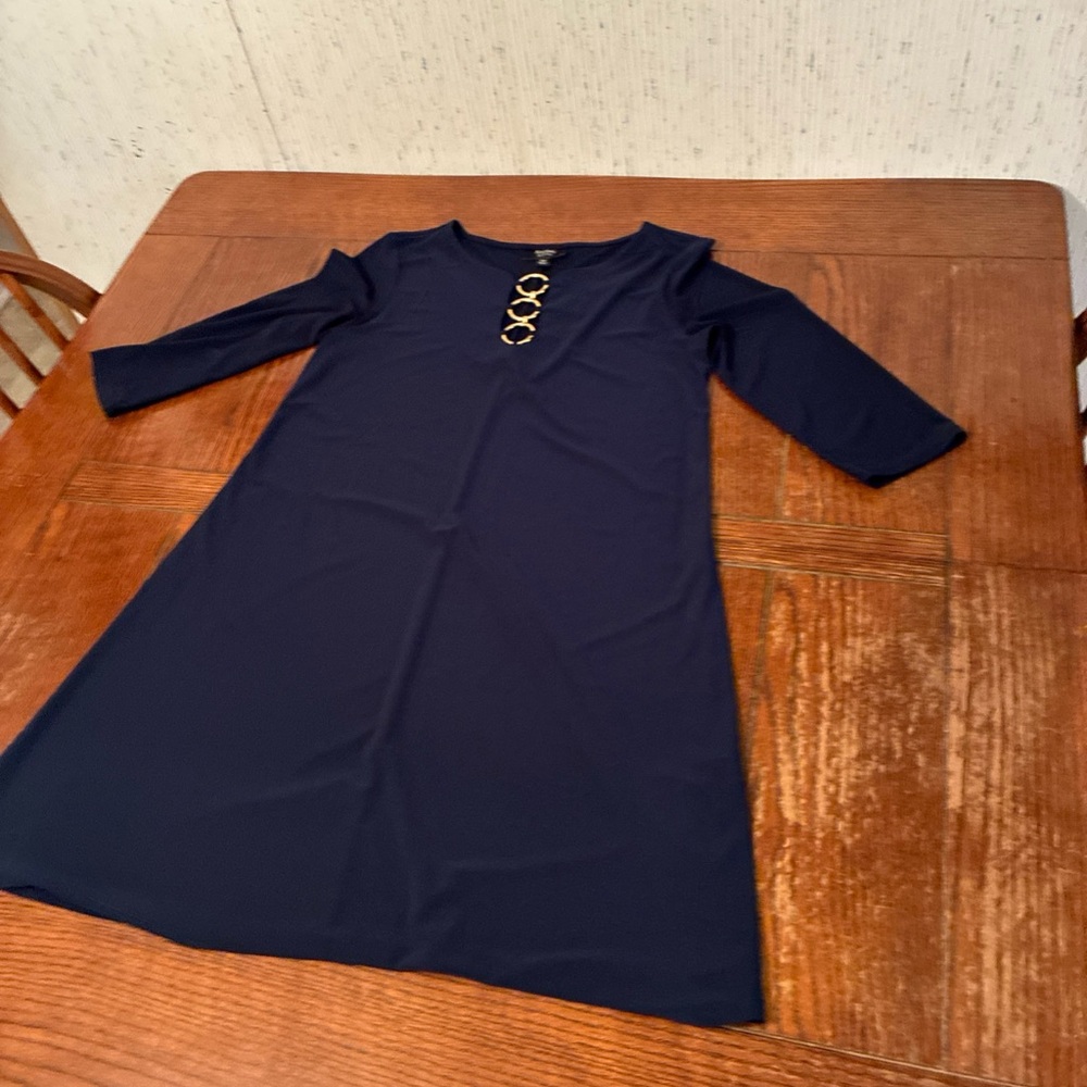 MSK  Shift Dress Women’s PM 3/4 Sleeve Navy Blue With Gold Ring Accents